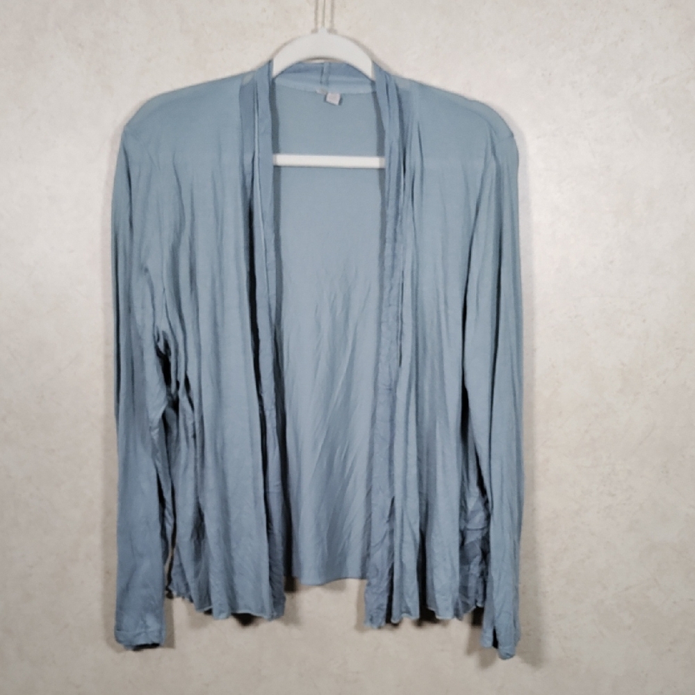 I144 Comfy USA muted green crinkle knit cardigan w/mesh trim XL
